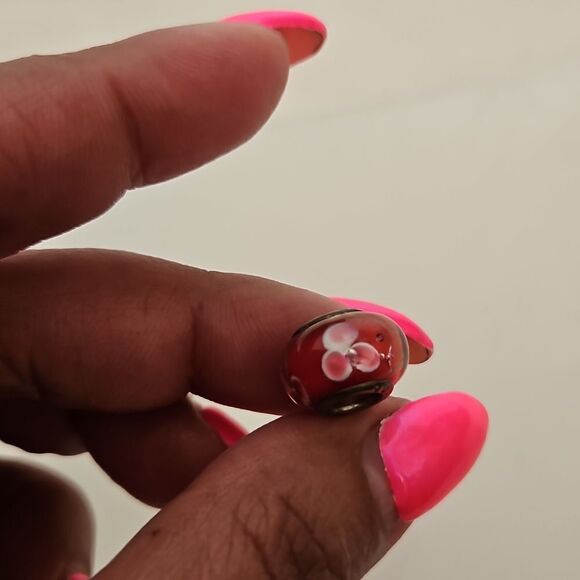 Murano Glass Bead Flower Charm 925 Burgandy - Picture 3 of 16